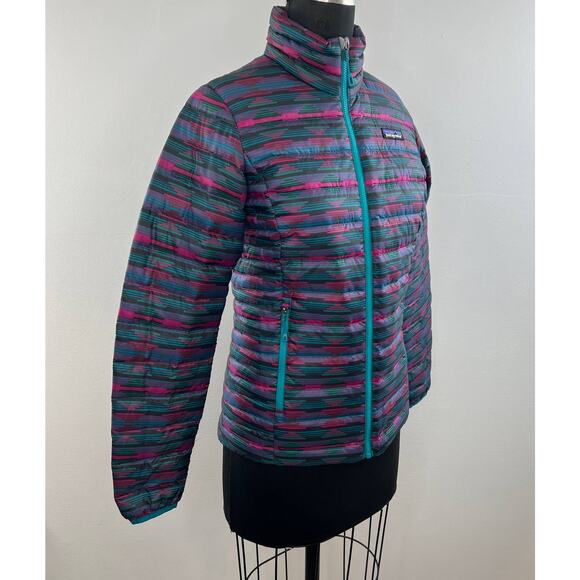 PATAGONIA Blue Pink Green Long Sleeve Zip Front Down Sweater Puffer Jacket XS - Picture 2 of 8